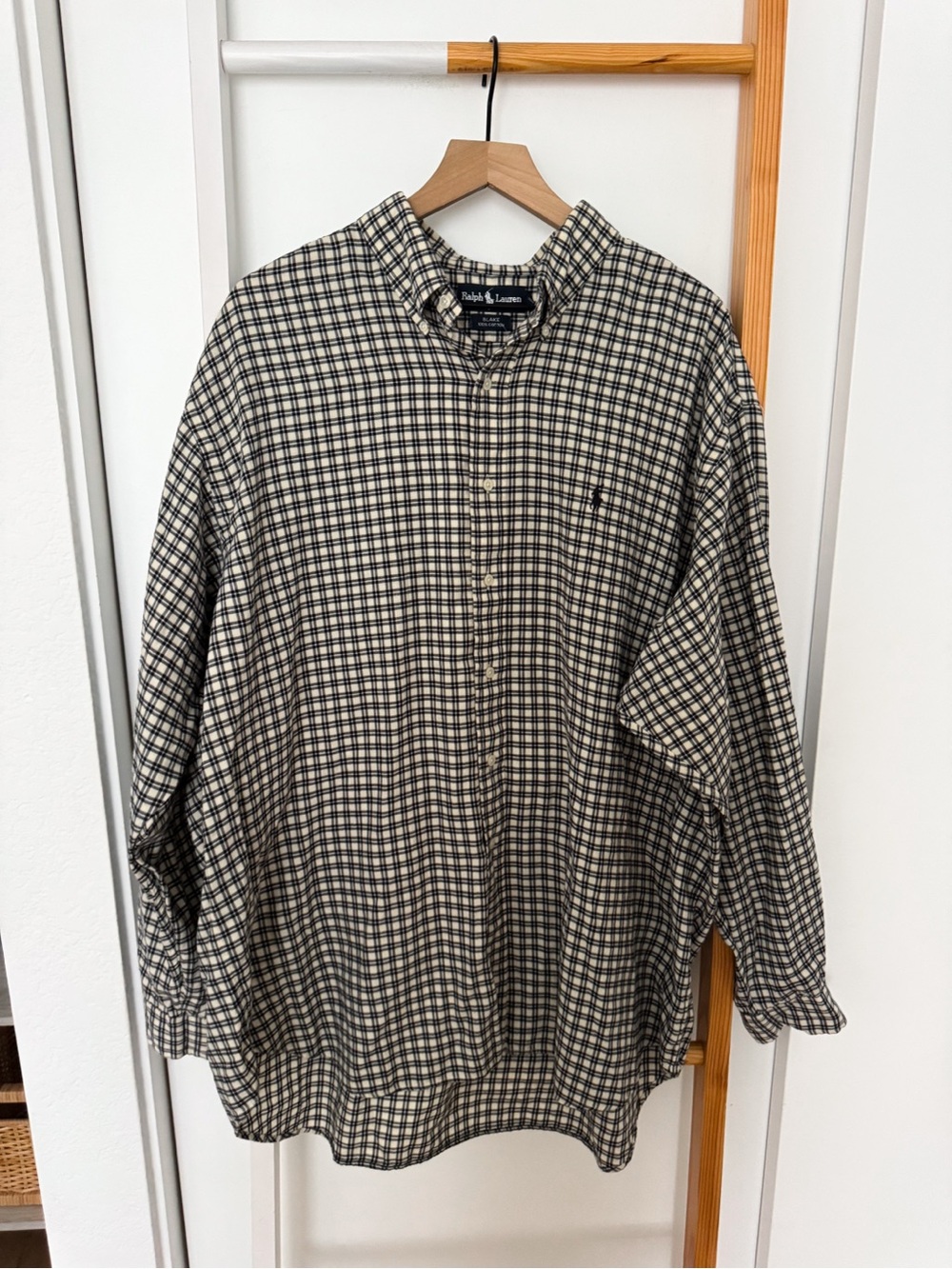 Ralph Lauren Blake Plaid Button Down Shirt XXL Cream Black 100% Cotton Oversized